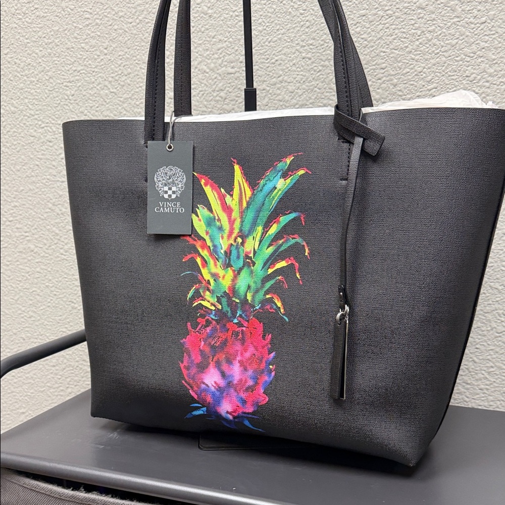 Vince Camuto Black Tote with Vibrant Pineapple Art